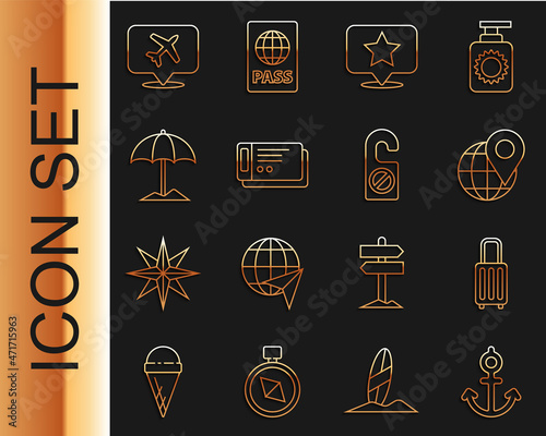 Set line Anchor, Suitcase, Location on the globe, Map pointer with star, Travel ticket, Sun protective umbrella for beach, Speech bubble airplane and Please do not disturb icon. Vector