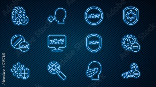 Set line Negative virus, Corona 2019-nCoV, location, Medicine pill tablet, Positive, Shield protecting from and Man coughing icon. Vector