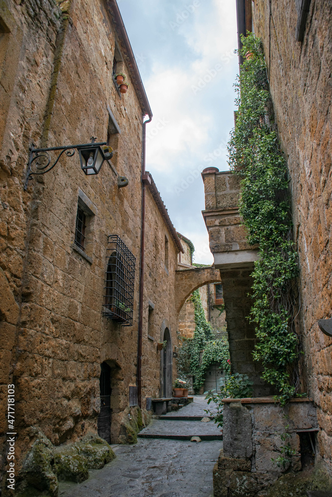 Tuscany, Italy, May 2018, street of the medieval city of Civita, stone arch entwined with ivy