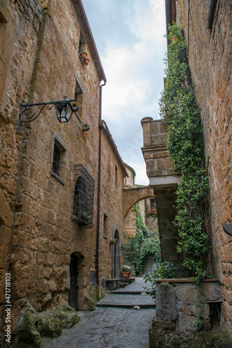 Tuscany  Italy  May 2018  street of the medieval city of Civita  stone arch entwined with ivy