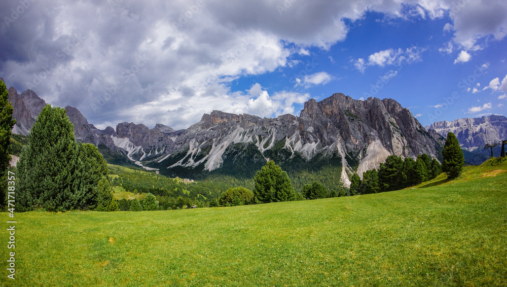 Dolomites, Italy, August 2018, Alpe di Siusi valley on the background of mountains