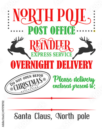 Santa sack design for crafting decorations, cards, poster. Special delivery from the North Pole. Christmas card template. North Pole Post. Christmas post stamps.