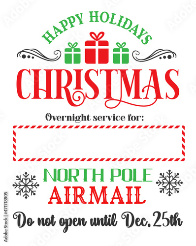 Santa sack design for crafting decorations, cards, poster. Special delivery from the North Pole. Christmas card template. North Pole Post. Christmas post stamps.