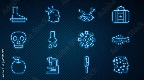 Set line Psoriasis or eczema rash, Bone pain, Insomnia, Runny nose, Skull, Flat foot, Virus and Man having headache icon. Vector