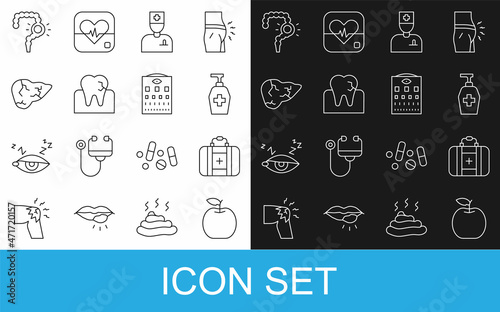 Set line Apple, First aid kit, Liquid antibacterial soap, Male doctor, Tooth with caries, Hepatitis virus, Gut constipation and Eye test chart icon. Vector
