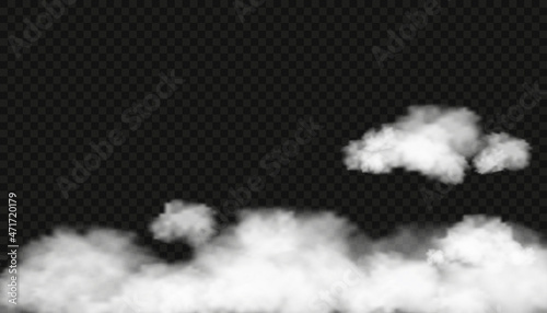 Set of fluffy cloud on transparent background. Vector of White cloudiness,fog or smoke on dark checkered background.Design elements of Cloudy sky or smog
