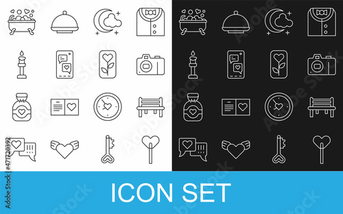 Set line Lollipop, Romantic bench, Photo camera, Moon and stars, Mobile with heart, Burning candle, bathroom and Flower rose icon. Vector