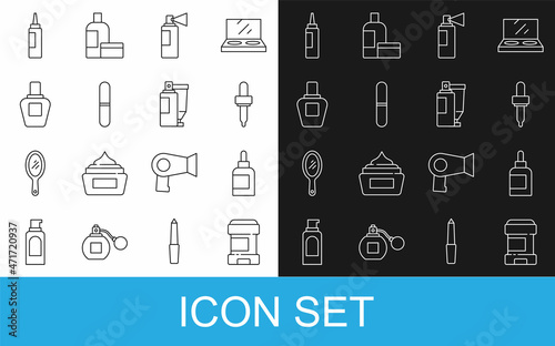 Set line Antiperspirant deodorant roll, Cream lotion cosmetic tube, Pipette, Perfume, Nail file, and icon. Vector