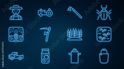 Set line Bucket, Plant, Garden hoe, Scythe, Automatic irrigation sprinklers, Farmer hat, Wheat and Tractor icon. Vector