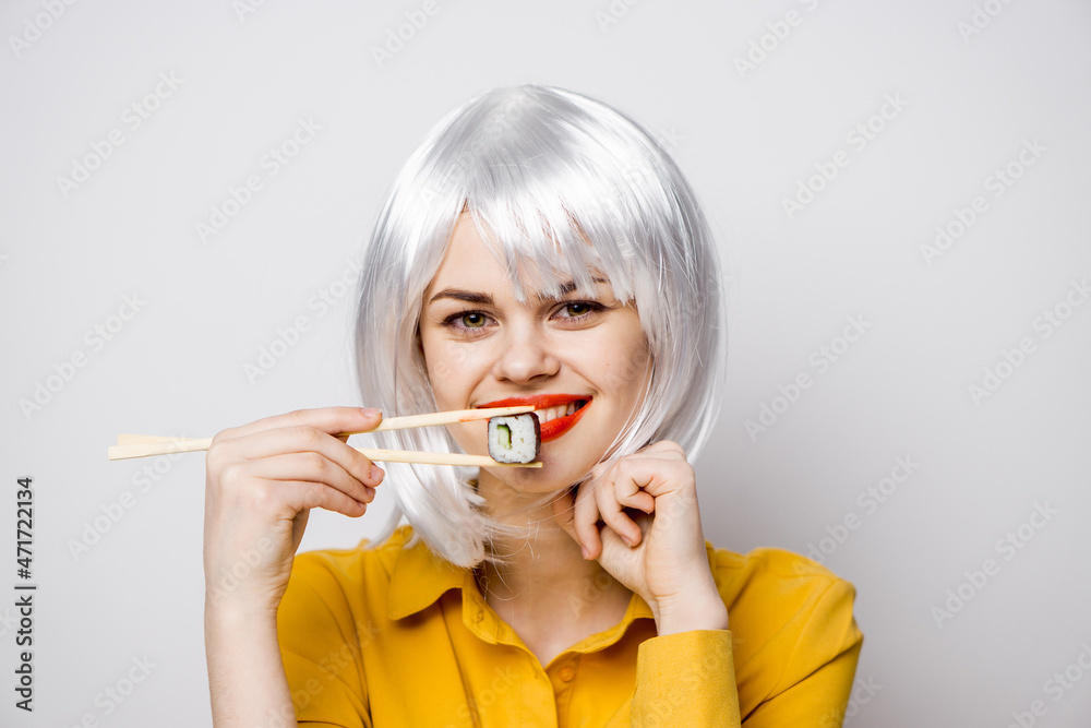 Glamorous Woman in White Wig Sushi Chopsticks Glamorous Woman in White Wig Sushi Chopsticks