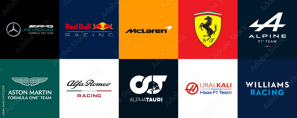 Formula 1 Team Logo Badges. F1 Teams Ferrari, Mercedes AMG, Red Bull,  Alpine etc. Every Racing Team or Constructor Currently Competing in F1  Racing World Championship. vector de Stock | Adobe Stock