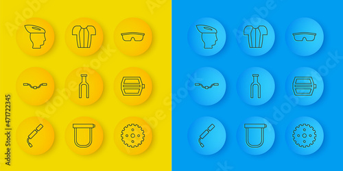 Set line Bicycle air pump, handlebar, fork, sprocket crank, pedal, helmet, Sport cycling sunglasses and Cycling t-shirt icon. Vector