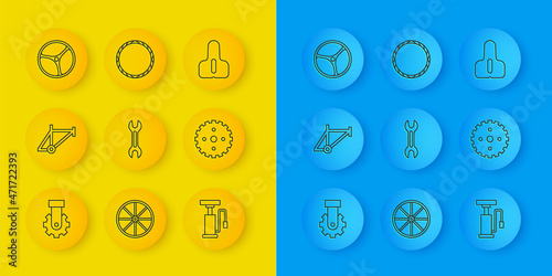Set line Derailleur bicycle rear, Bicycle frame, Wrench spanner, air pump, sprocket crank, wheel, seat and icon. Vector