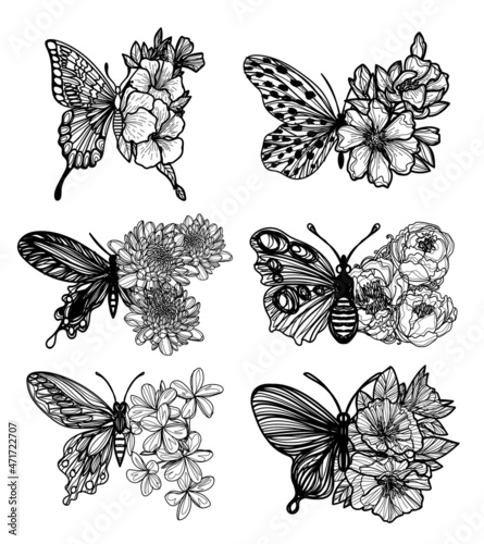 Tattoo art set butterfly wings as flowers sketch black and white