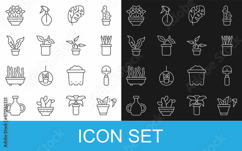 Set line Spraying plant, Shovel, Plant pot, Tropical leaves, Flower vase and icon. Vector