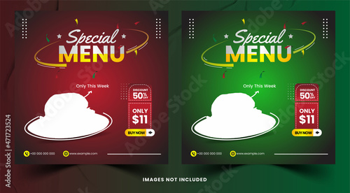 Food menu and restaurant social media posts templat banner or flyer vector