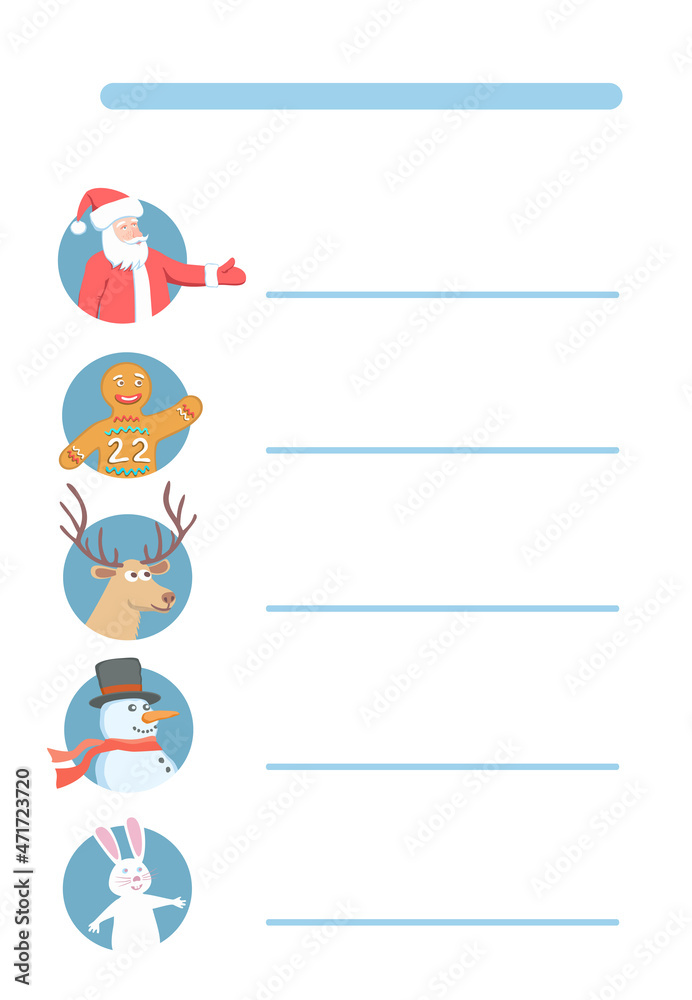 Christmas Characters in Stylized Timetable or Menu. Schedule for New Year Holidays.