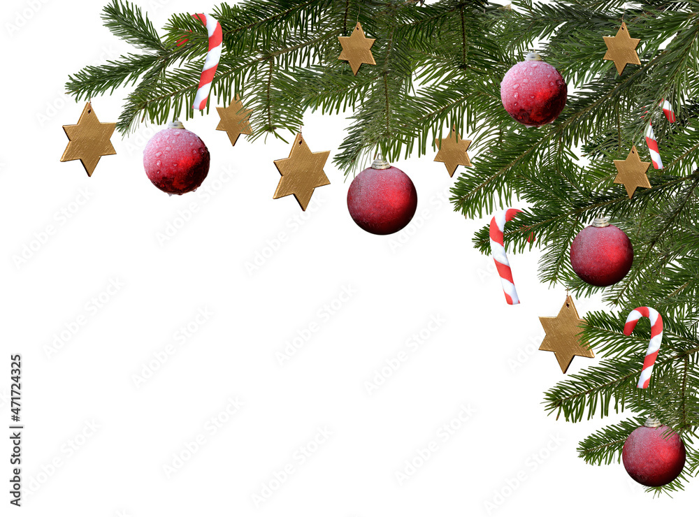 christmas tree branch isolated with red balls and stars christmas tree branch isolated with red balls and stars