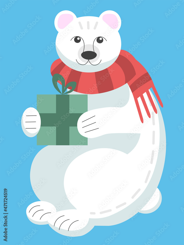 Cute polar bear in a red striped scarf holds green christmas gift in its paws. Cartoon vector illustration in flat style.