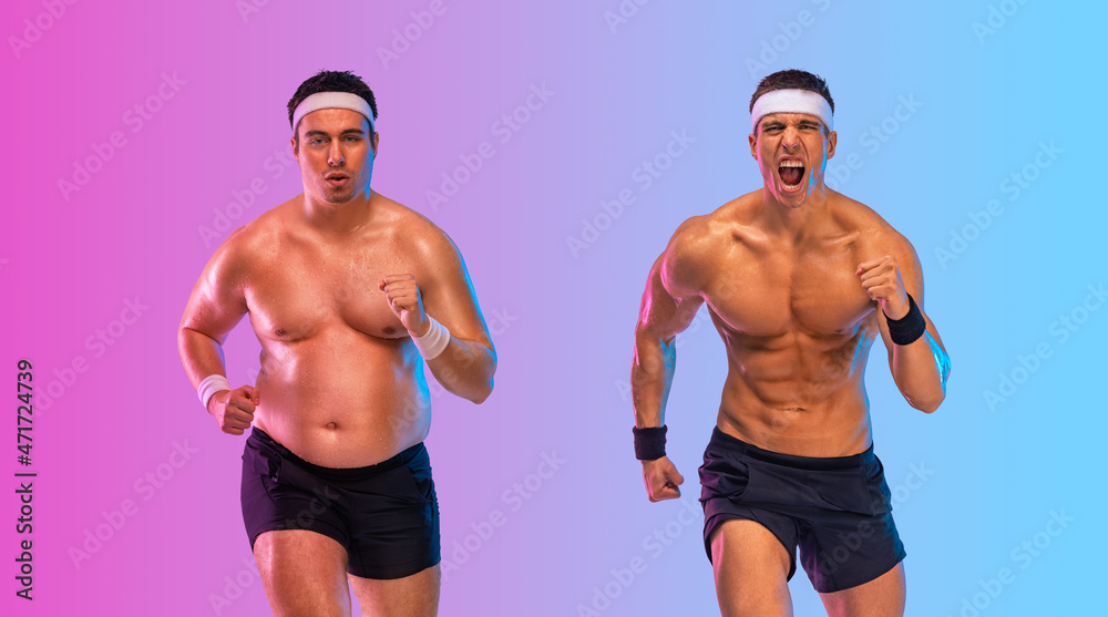A very fat man jogging to lose weight and become a slim athlete. Running  sport man. Awesome Before and After Weight Loss fitness Transformation. Fat  to fit concept. Stock Photo