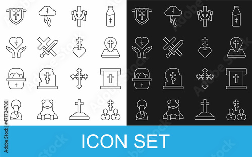 Set line Priest, Flag with christian cross, Location church building, Christian, Crusade, Religious heart, and icon. Vector