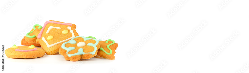 Gingerbread cookies isolated on white. Free space for text. Wide photo. Gingerbread cookies isolated on white. Free space for text. Wide photo.