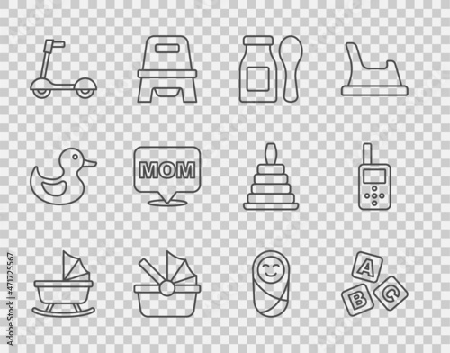Set line Baby stroller, ABC blocks, Yogurt in bottle with spoon, Roller scooter, Speech bubble mom, Newborn baby infant swaddled and monitor walkie talkie icon. Vector