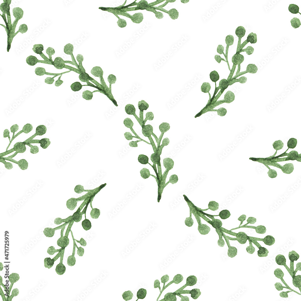 Seamless pattern with hand-drawn watercolor green branches with berries on white. Organic, natural, freshness concept for textile, print, etc.