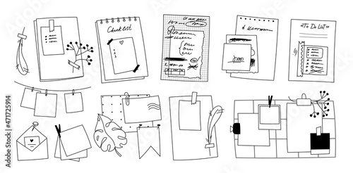A set of sheets of scribbled paper torn from notebooks. Different types of doodle memos, notes, reminders. Wall photo grid with plants, flowers. Hand-drawn envelope with letter, photos and stickers.