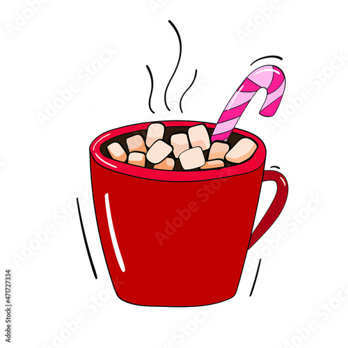 Vector illustration. A cup of hot drink. Marshmallows and lollipop. New Year Christmas.