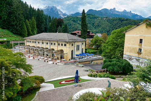 The thermal complex of Recoaro, immersed in a scenic view of Dlomites mountains