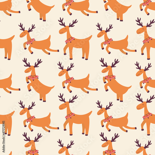 Seamless pattern Christmas happy reindeer with red bells on their necks. Funny animal. Good New Year spirit. Colorful vector illustration hand drawn. Wrapping  textile  fabric or paper