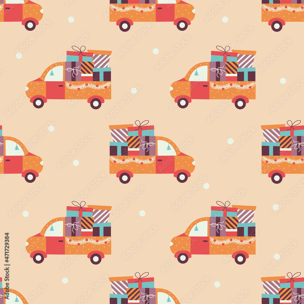 Seamless pattern Festive truck with gifts for Christmas and New Year. Snowing. Delivery of gifts. Holiday car print. Colorful vector illustration hand drawn. Wrapping, textile, fabric or paper