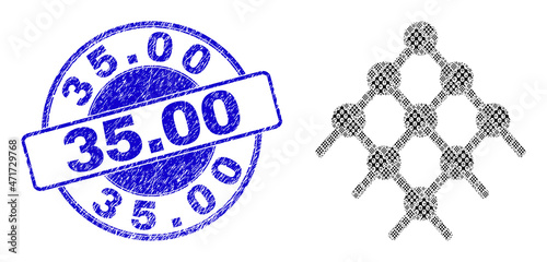 Vector grid dots icon collage is created with scattered recursive grid dots icons. 35.00 corroded blue round stamp seal. Recursive mosaic of grid dots icon. Blue stamp seal contains 35.