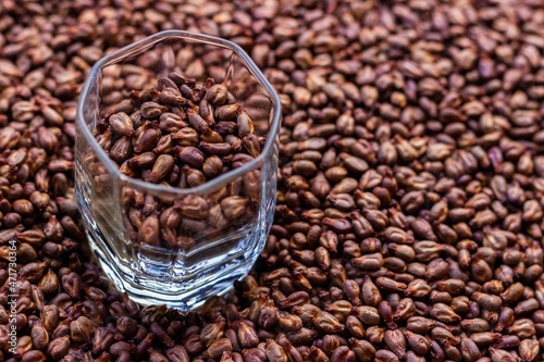 Obraz na płótnie Measuring glass cup with dried grape seed on the background of its placer w salonie
