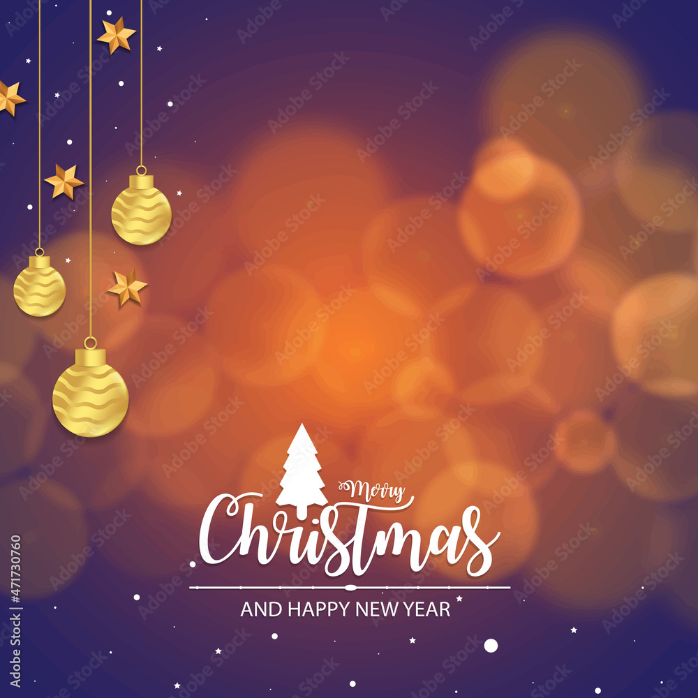 Merry Christmas and New Year greetings on the backdrop of the holidays with Christmas festive decorative balls and stars. Greeting card, banner, poster