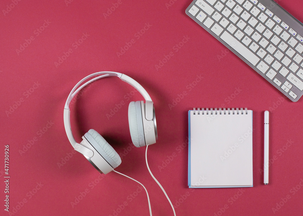 banner on a red background, flat layout, home office, online education, webinars, seminars, blogging training banner on a red background, flat layout, home office, online education, webinars, seminars, blogging training
