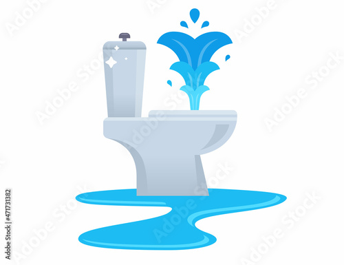 the toilet is clogged and water spills onto the floor. flooding the room. flat vector illustration.