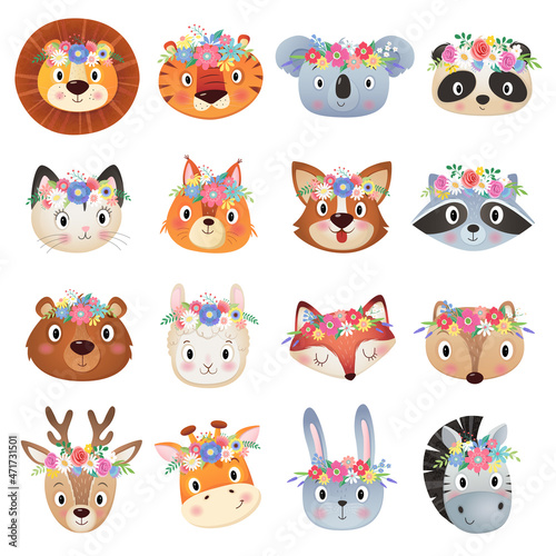 Cute summer and Spring animals head in collection   flower wreath on white Background
