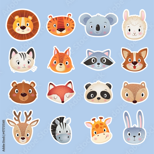 Cute animals head sticker collection on blue Background