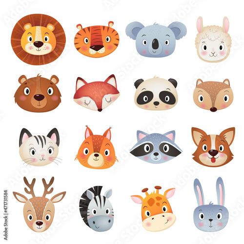 Cute animals head collection  on white Background