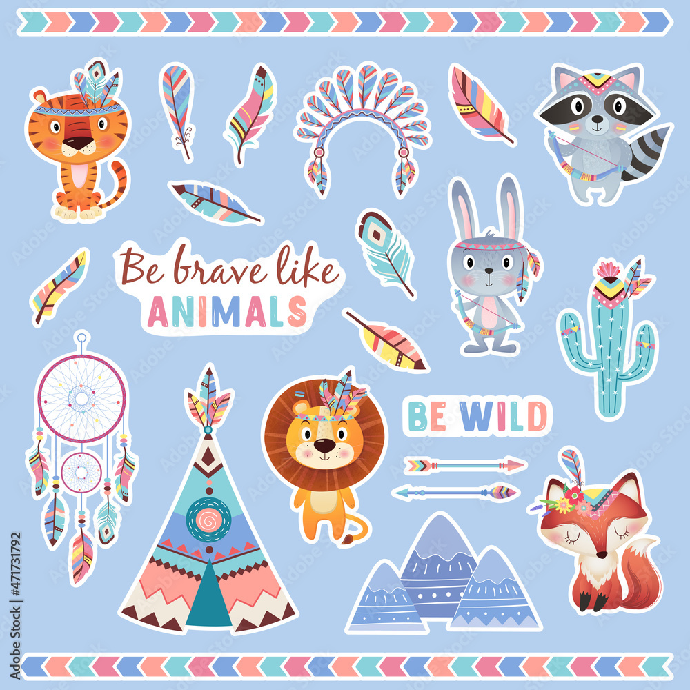 Fototapeta premium Be brave like animals Cute brave ethnic Indians animals with feathers novelist of dreams wigwam arrows sticker set on blue Background