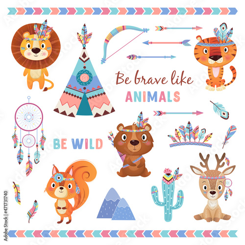 Be brave like animals brave ethnic Indians animals with feathers novelist of dreams wigwam arrows set on white Background
