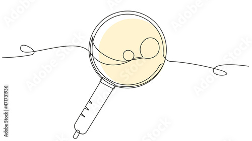 One line magnifier with yellow spot on white background. The concept of study, search, investigation, training. Vector illustration with a magnifying glass.