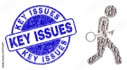 Vector key robber icon collage is created of random recursive key robber icons. Key Issues grunge blue round stamp seal. Recursive collage of key robber icon.