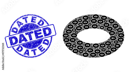 Vector torus icon collage is made from randomized self torus items. Dated textured blue round stamp. Recursion collage from torus icon. Blue stamp includes Dated text inside round shape.