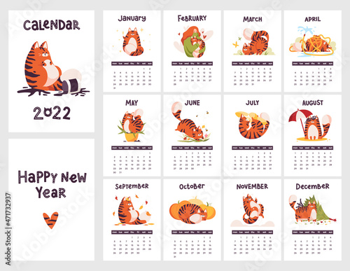 Calendar 2022 year with cute tigers. Chinese new year symbol. Covers and 12 month pages template. Isolated animal characters with different seasonal activities. Vector planner.