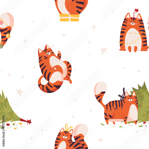 New year seamless pattern with cute tiger. Chinese new year symbol. Snoflakes and christmas tree. White background