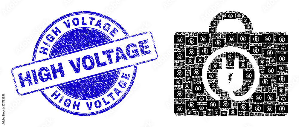 Obraz premium Vector electric plug box icon composition is composed from scattered self electric plug box pictograms. High Voltage rubber blue round seal. Fractal composition for electric plug box icon.
