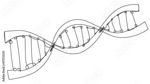 DNA spiral in one line doodle style isolated on white background. Deoxyribonucleic acid outline image. Vector illustration